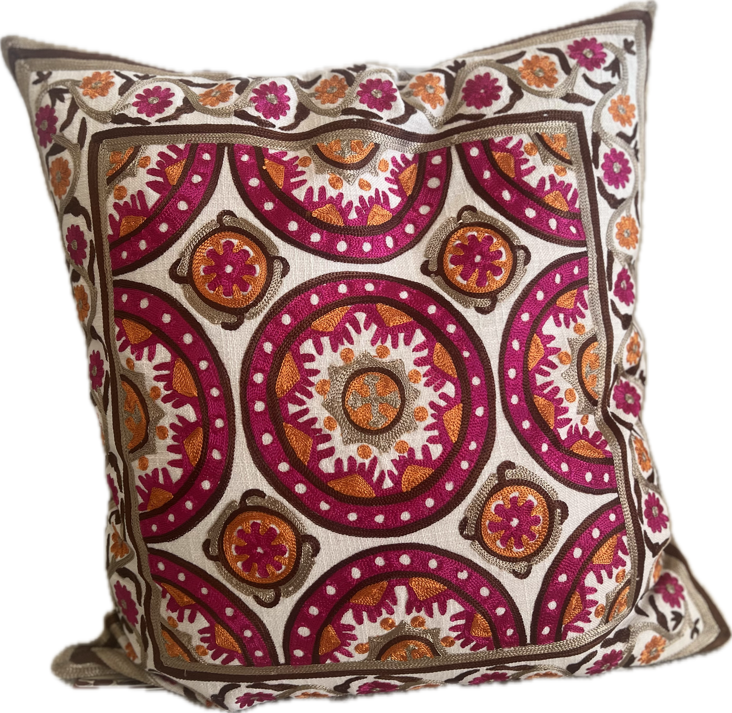 Forever Young Crewel Linen Pillow- Fuschia and Orange