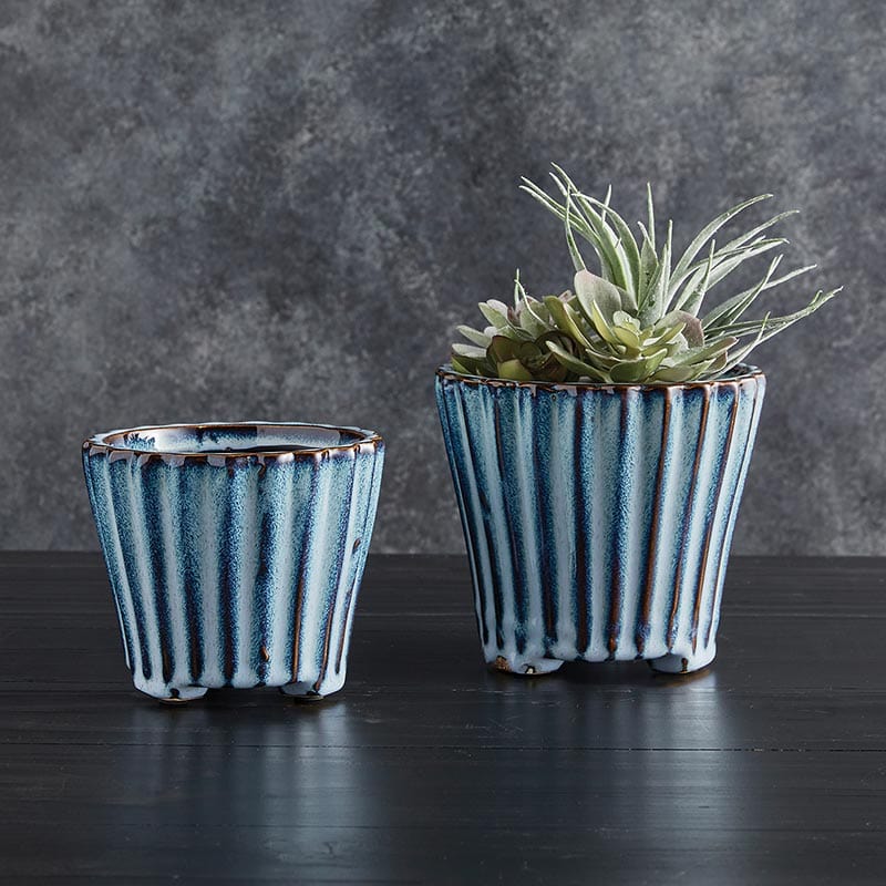 Blue Textured Ceramic Pot with Feet - Home Decor