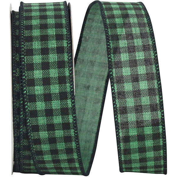 Buffalo Woodland Small Checked Wired Ribbon - Green/Black - Holiday
