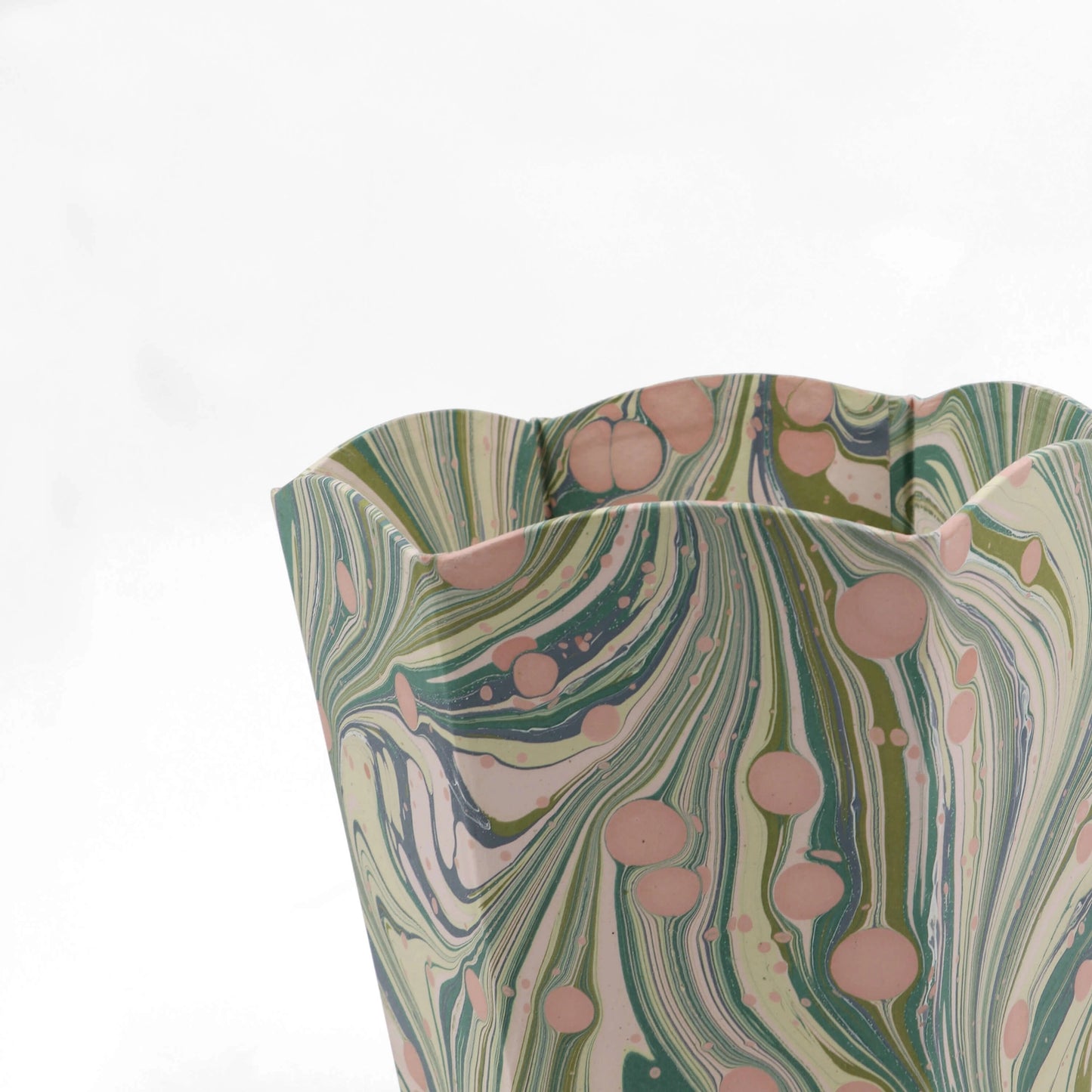 Handcrafted Marbled Small Scalloped Collapsible Waste Basket - Moss Fire Whirl