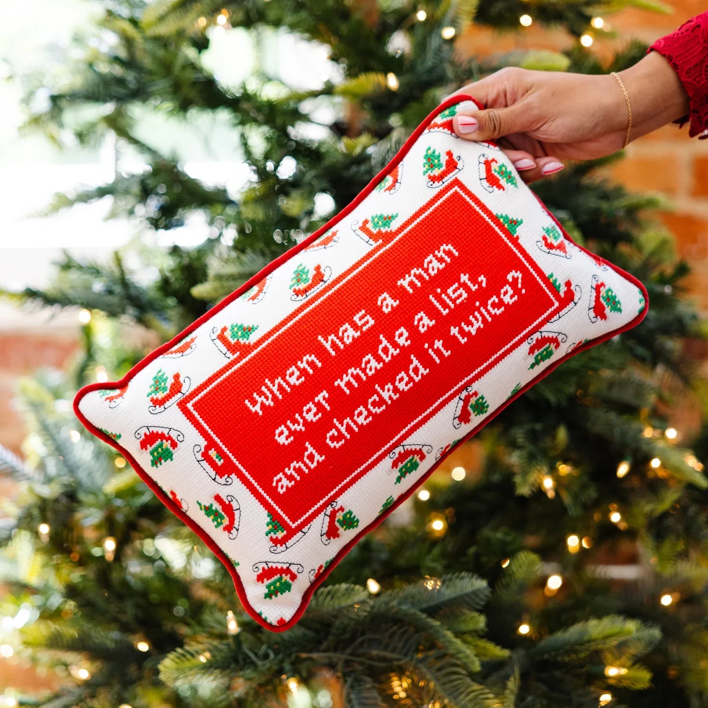 Furbish Check It Twice Embroidered Pillow - Holiday