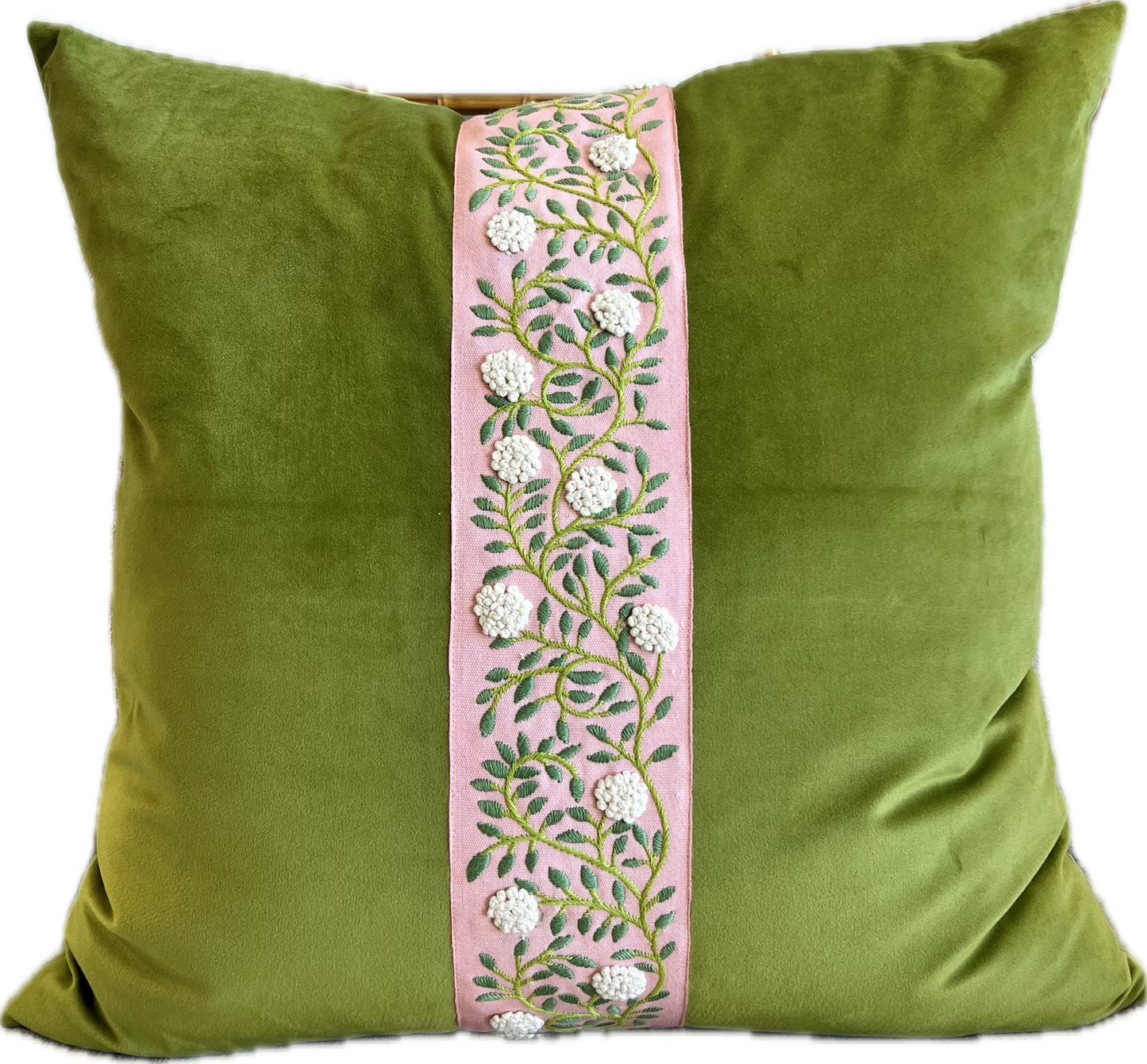 Caroline Velvet & Tape Pillow - Avocado and Coral Pink