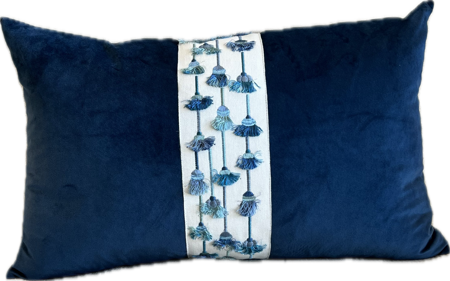Tassels Velvet & Tape Lumbar Pillow - Navy