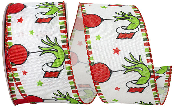 Holiday Green Hand with Ornaments Linen Wired Edge Ribbon