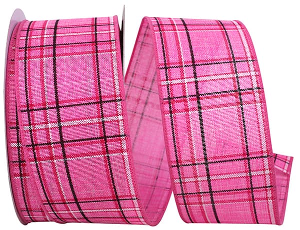 Holiday Pink Pinstripe Plaid Linen Wired Edge Ribbon