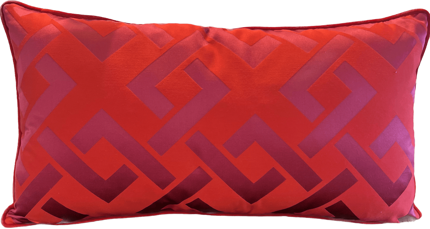 Sassy Red Geometric Lumbar Pillow with Solid Red Velvet Back
