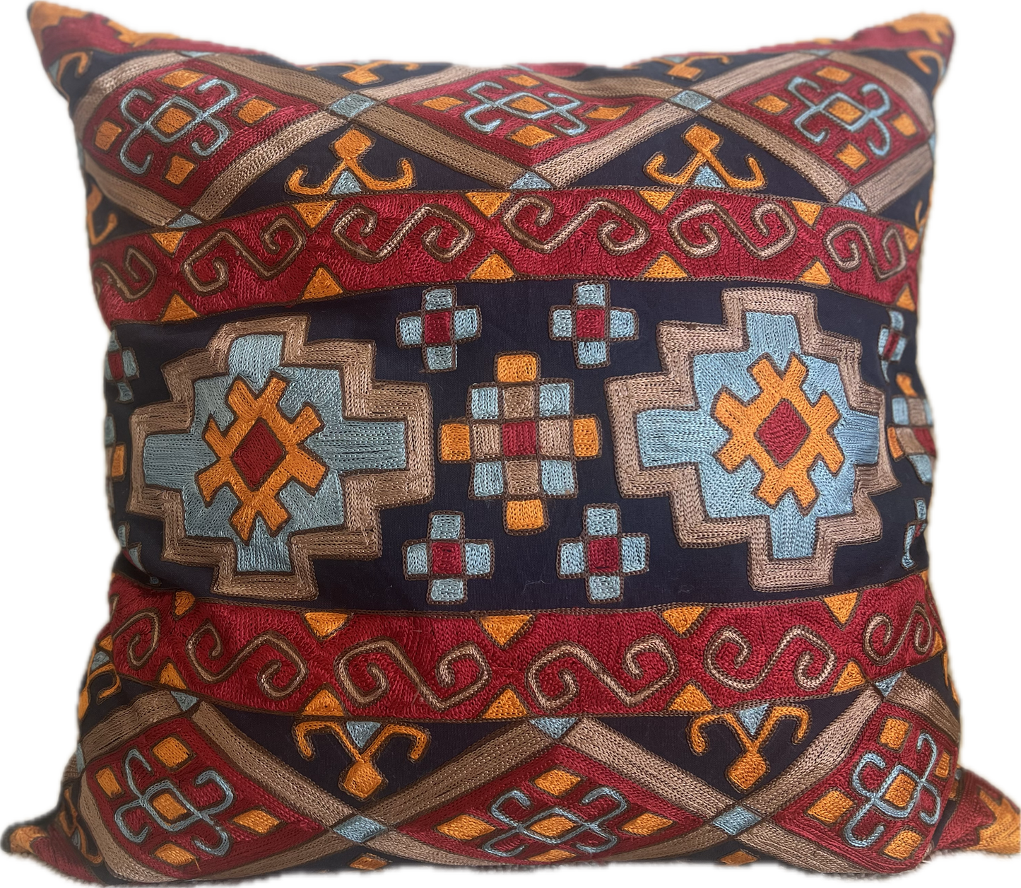 Diamond Border Crewel Pillow- Navy Multi