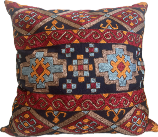 Diamond Border Crewel Pillow- Navy Multi