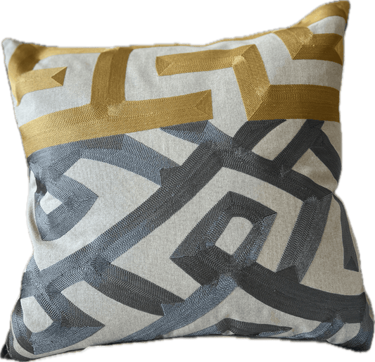 Gold and Steel Geo Embroidered Linen Pillow