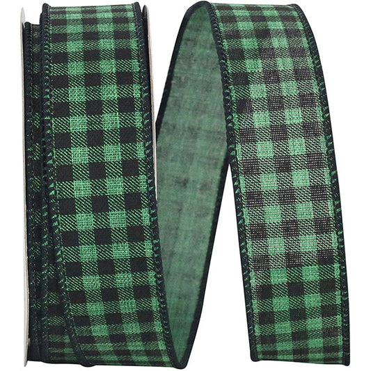 Buffalo Woodland Small Checked Wired Ribbon - Green/Black - Holiday
