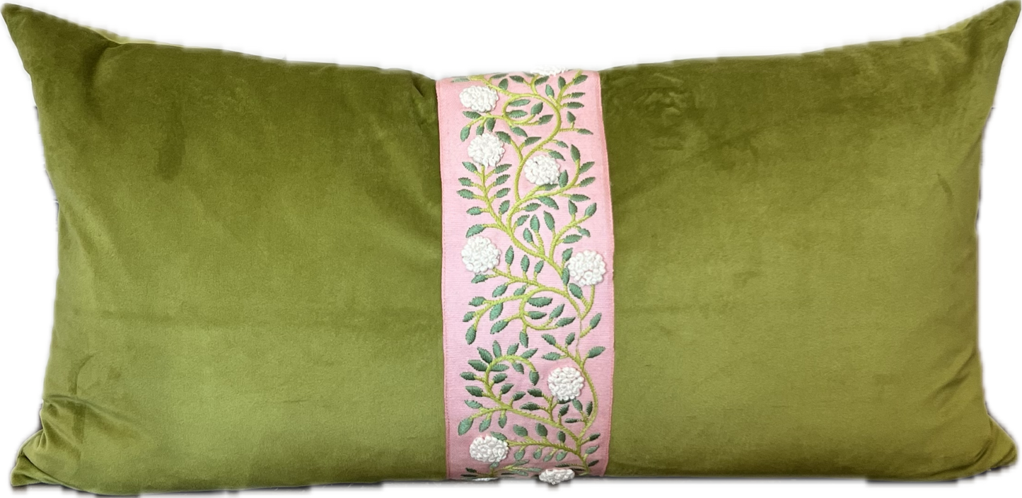 Caroline Velvet & Tape Lumbar Pillow - Avocado and Coral - Pillows