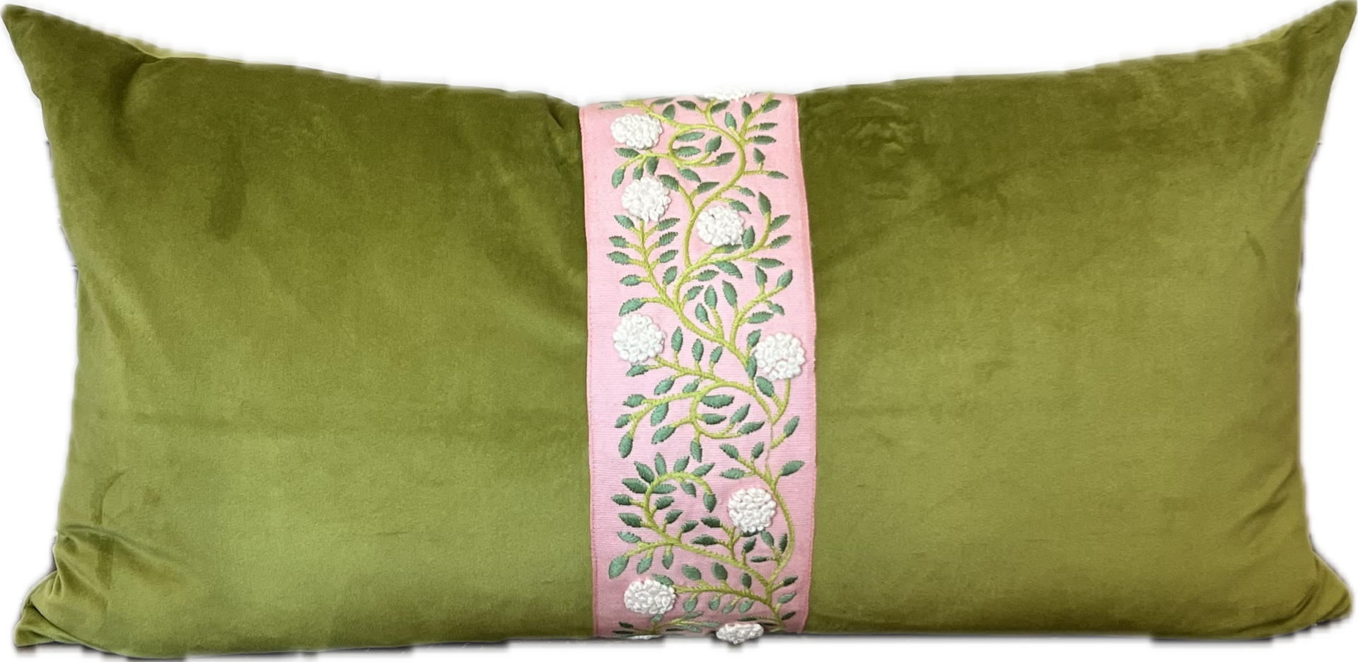 Caroline Velvet & Tape Lumbar Pillow - Avocado and Coral - Pillows