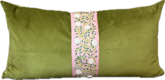 Caroline Velvet & Tape Lumbar Pillow - Avocado and Coral - Pillows