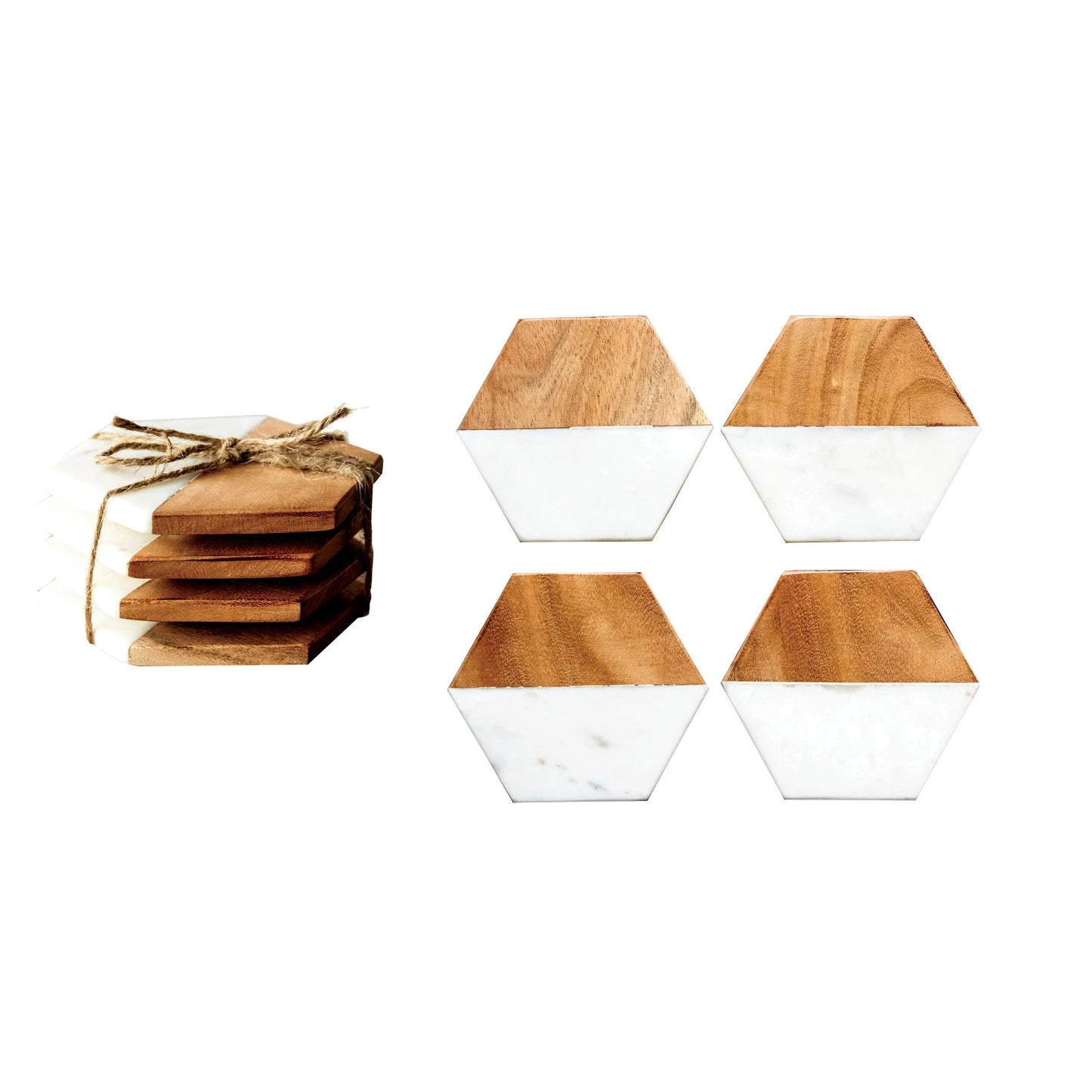 Mango Wood & Marble Hexagon Coasters - Set of 4