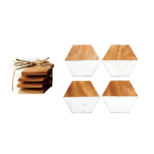 Mango Wood & Marble Hexagon Coasters - Set of 4