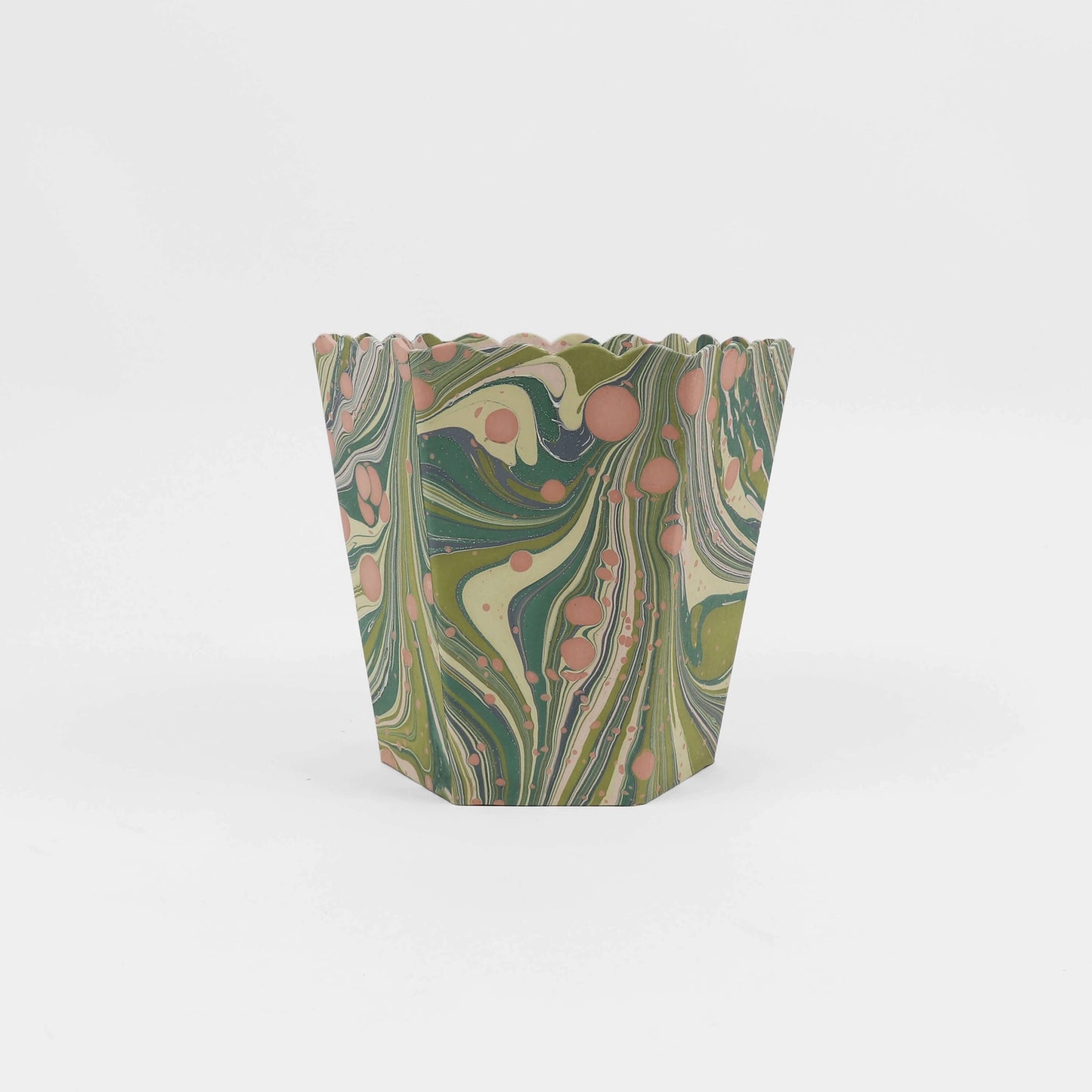 Handcrafted Marbled Small Scalloped Collapsible Waste Basket - Moss Fire Whirl
