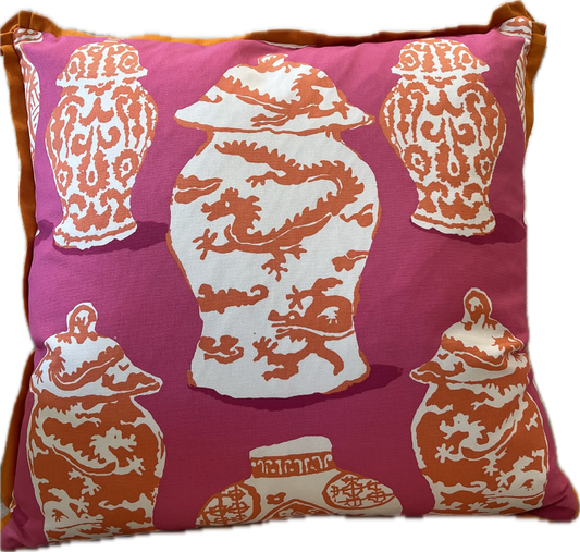 Dragon Urn Printed Linen Pillow in Fuschia and Tangerine - Pillows