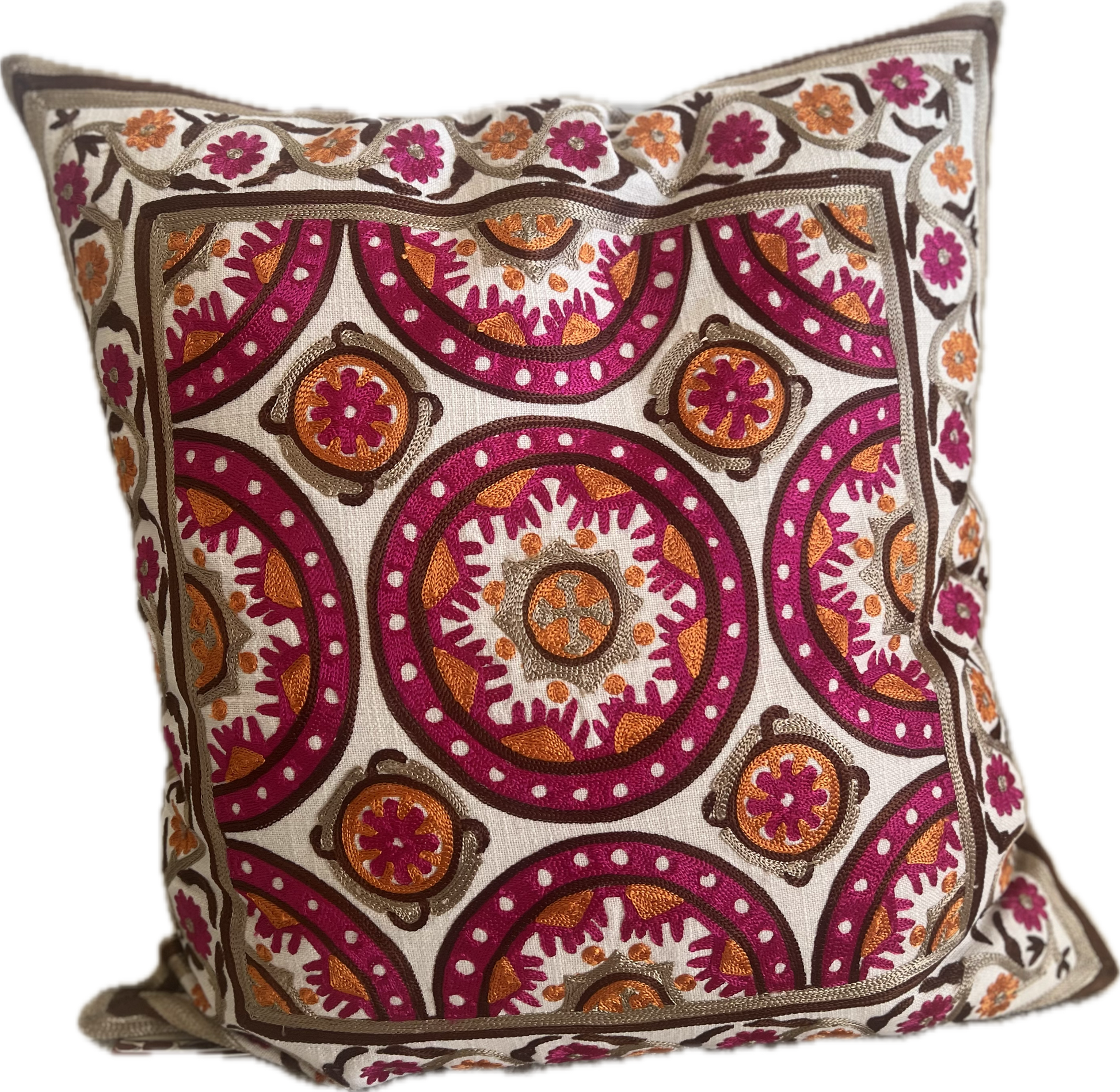 Forever Young Crewel Linen Pillow- Fuschia and Orange - Pillows