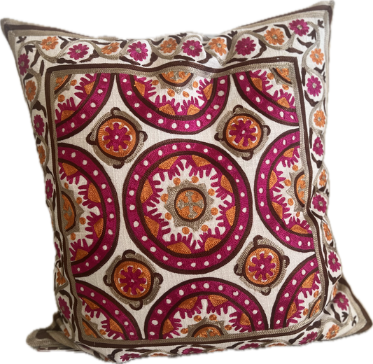 Forever Young Crewel Linen Pillow- Fuschia and Orange - Pillows
