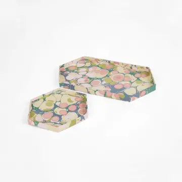 Handcrafted Marbled Hexagon Tray Set - Moss Bubble - Home Decor