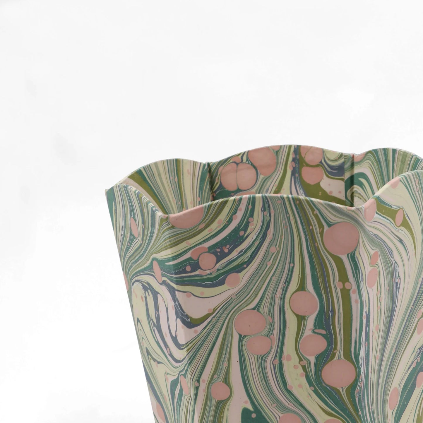 Handcrafted Marbled Small Scalloped Collapsible Waste Basket - Moss Fire Whirl - Home Decor