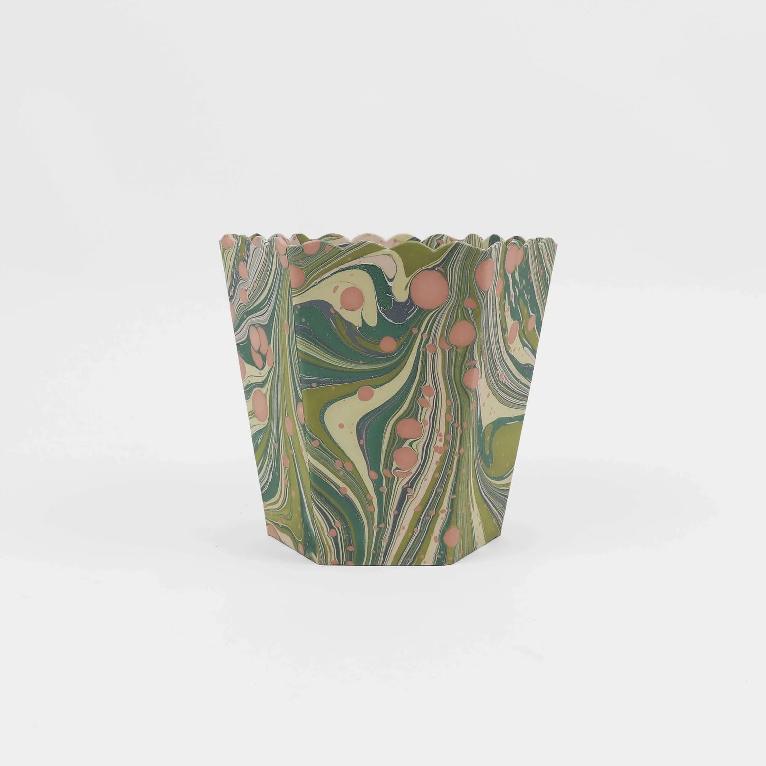 Handcrafted Marbled Small Scalloped Collapsible Waste Basket - Moss Fire Whirl - Home Decor