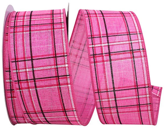 Holiday Pink Pinstripe Plaid Linen Wired Edge Ribbon - Holiday