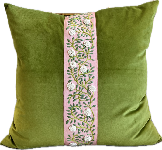 Caroline Velvet & Tape Pillow - Avocado and Coral Pink