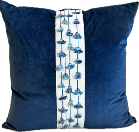 Tassels Velvet and Tape Pillow - Navy