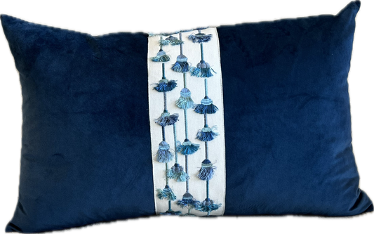 Tassels Velvet & Tape Lumbar Pillow - Navy