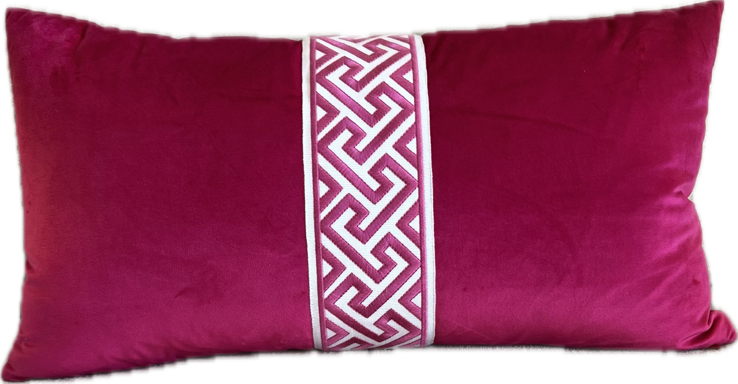 Mary Claire Velvet & Tape Lumbar Pillow - Fuchsia - Pillows