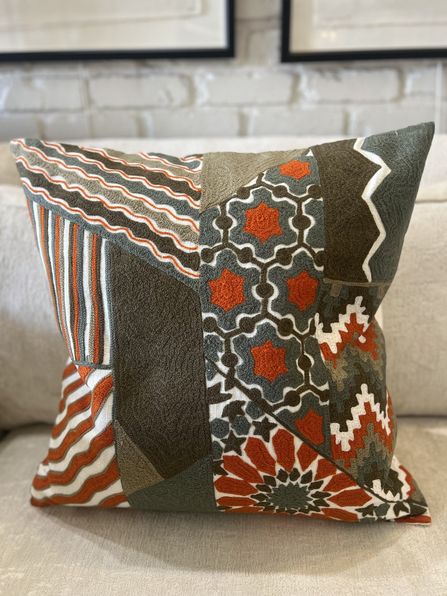 Patches Crewel Pillow - Orange/Moss/Mushroom- A Holland & Williams Signature Pillow - Pillows