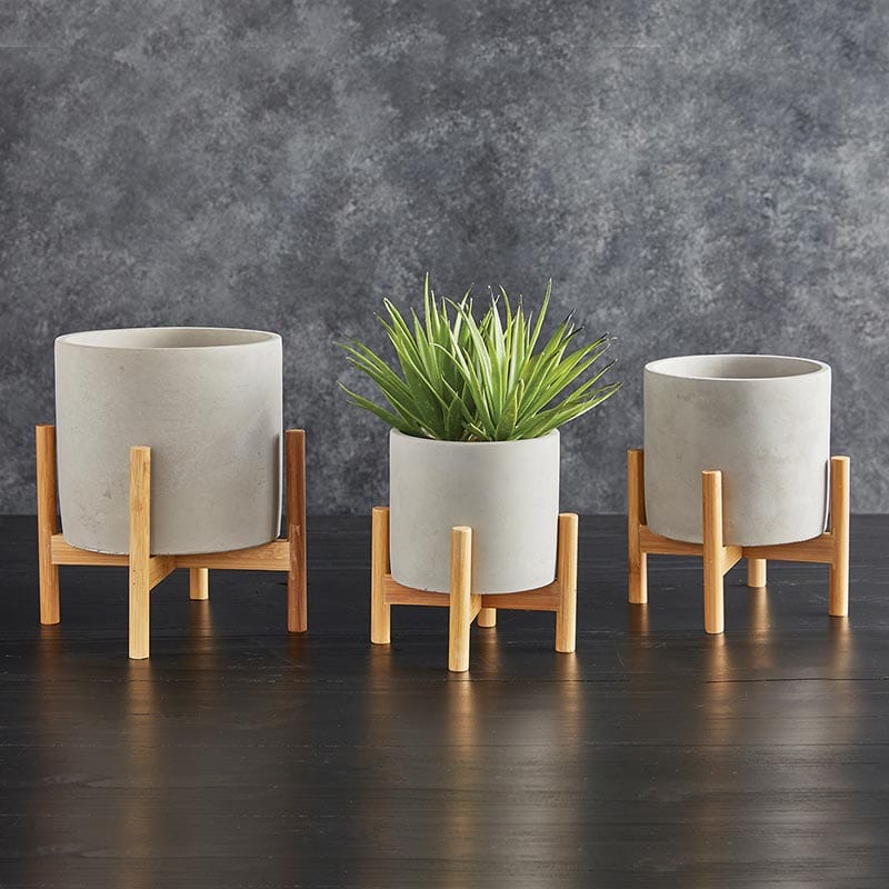 Round Cement Pot on Wood Stand - Home Decor