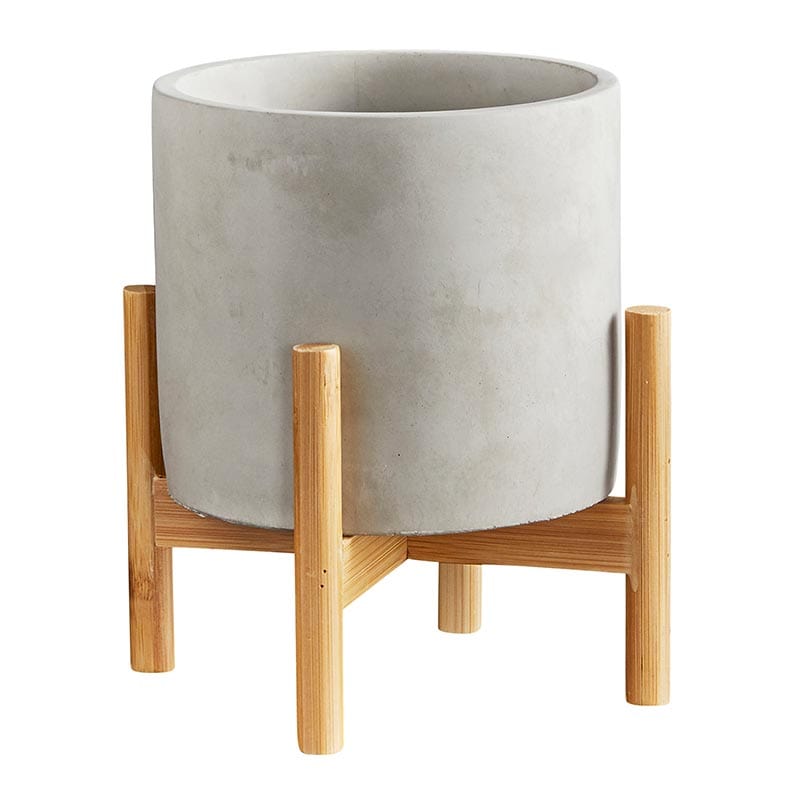 Round Cement Pot on Wood Stand - Medium 5’’ Dia x 6.5’’ H - Home Decor
